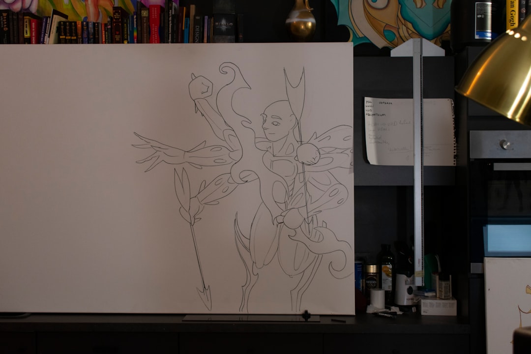 Sketch of a fantastical character on a canvas.